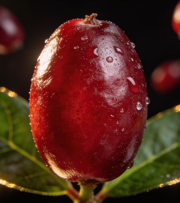 A single ripe miracle fruit berry, beaded with water, resting on two glossy green leaves.