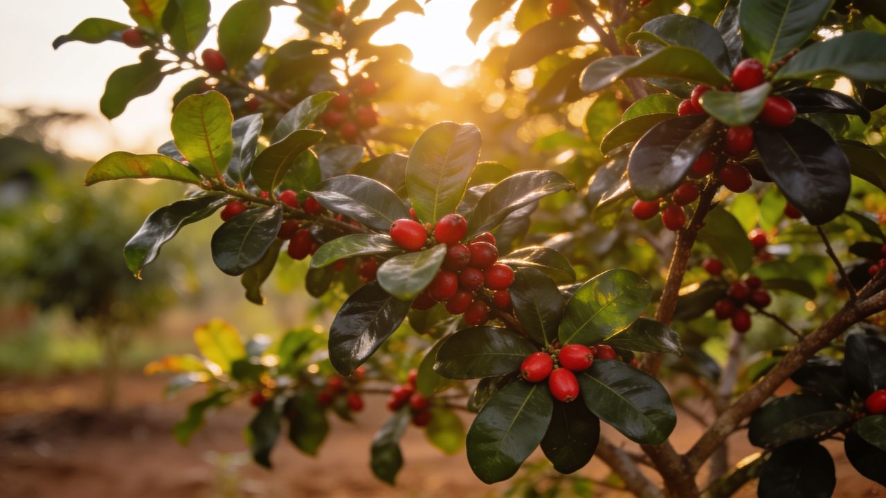 Miracle fruit bushes at golden hour, their branches heavy with small red berries.