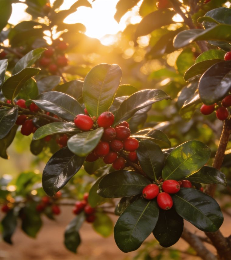 Miracle fruit bushes at golden hour, branches heavy with small red berries.
