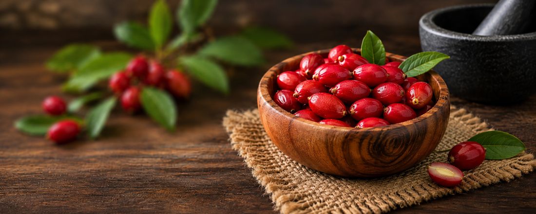 A carved wooden bowl heaped with ripe red miracle fruit berries, resting on burlap on a dark wooden table, with a leafy branch of berries behind it, one berry halved to show its pale flesh, and a stone mortar and pestle in the shadow beyond.
