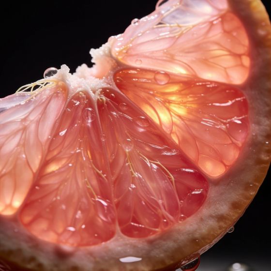 A wedge of pink grapefruit catching the light against a dark background.