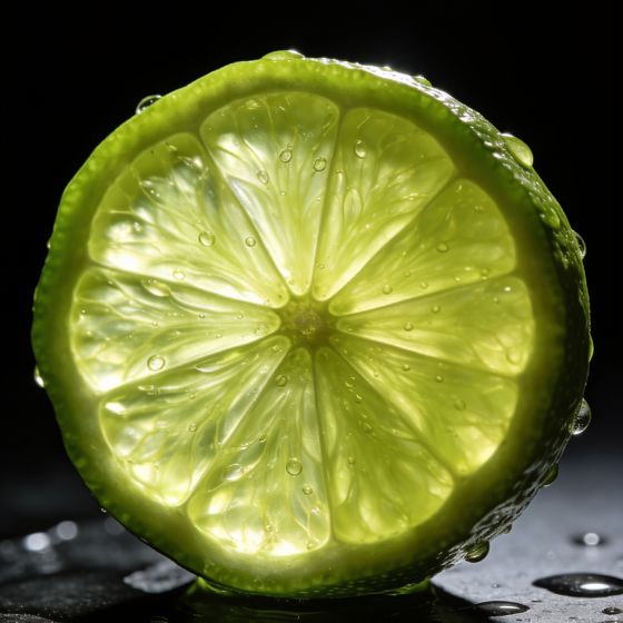 A cut lime, beaded with water, lit against a dark background.