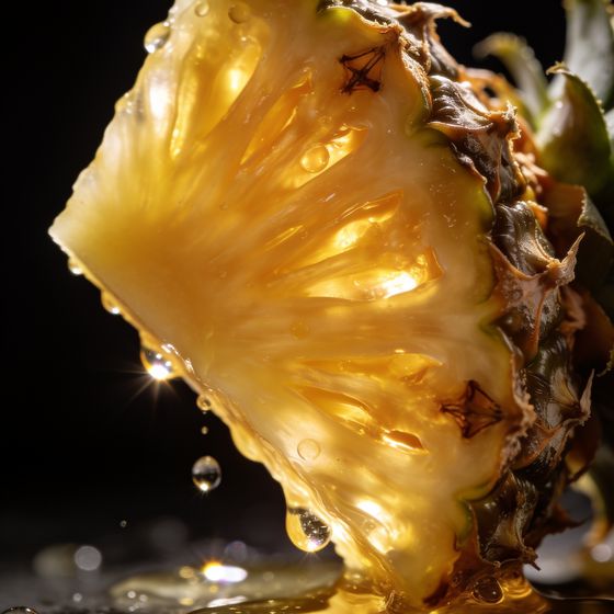 A slice of fresh pineapple against a dark background.
