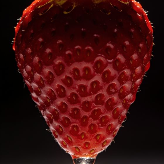 A single ripe strawberry lit against a dark background.