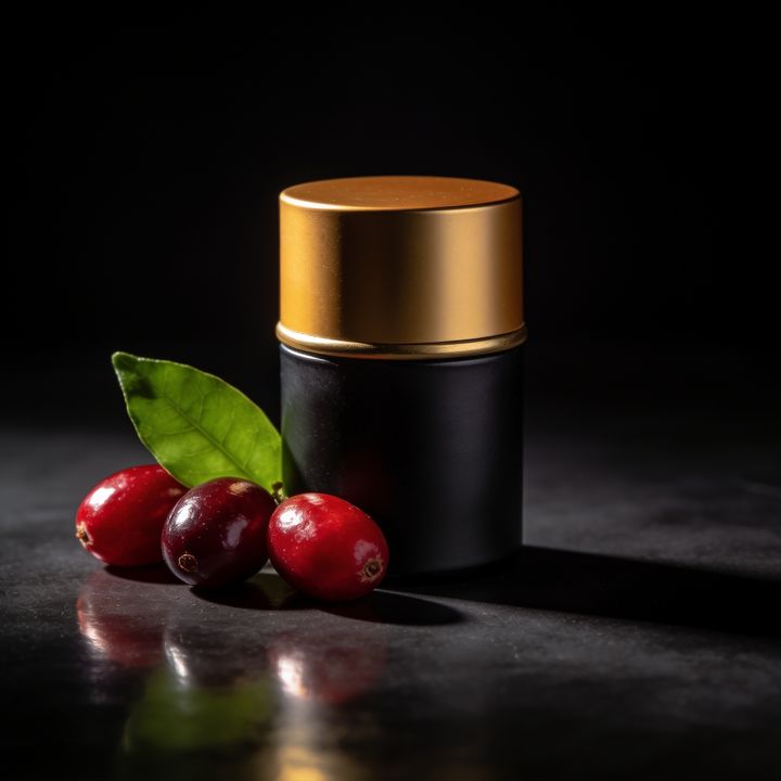 A matte black tin with a brushed gold lid, three glossy red miracle fruit berries and a green leaf resting beside it.